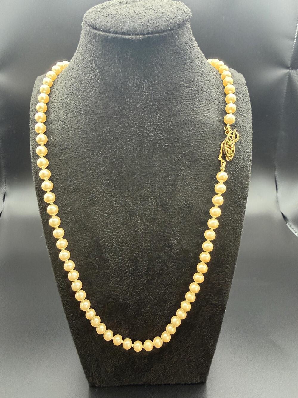 Vintage Faux Pearl Single Strand Filigree Clasp Necklace 25" Monogram Charm